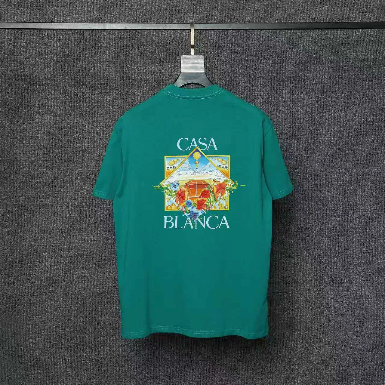 26ss CASABLANCA original printing process short-sleeved T-shirt original development using high-density double yarn pure cotton fabric upper body soft and comfortable color Black White Dark Green color Orange Pink Blue Royal Blue color cigarette powder 8 colors Sizes S M L XL
